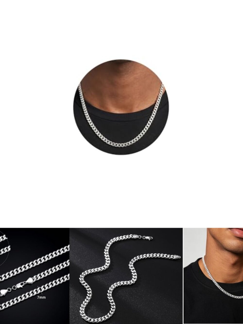S925 Sterling Silver Cuban Link Chain Necklace Men 7mm